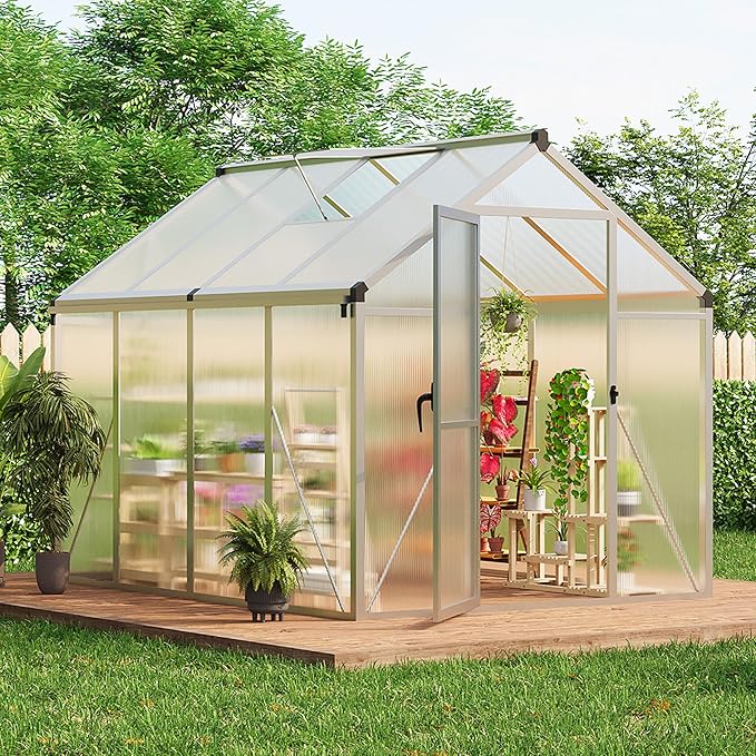 6X8 Ft Polycarbonate Greenhouse Sunroom with Aluminum Frame, Outdoor Greenhouse for Vegetables Herbs Flowers, Lockable Door & Adjustable Roof Vent, Patio Backyard Greenhouse Kit for Gardening, Silver