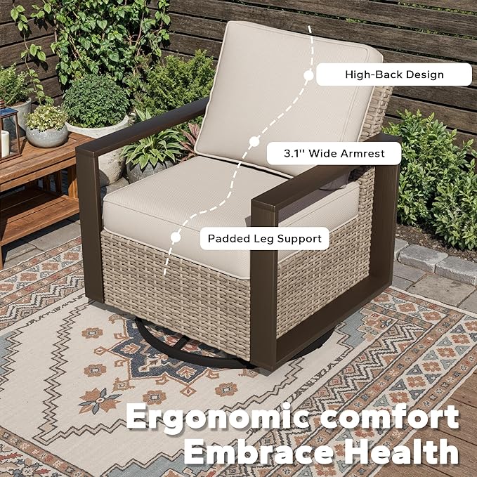 Joyside Outdoor Patio Swivel Rocker Chairs, 5 Pieces Wicker Furniture Set, 2 Swivel Rocking Chairs and 2 Ottoman, Metal Wide Armrest, Thick Cushions and Deep Seating for Garden, Backyard, Porch, Deck