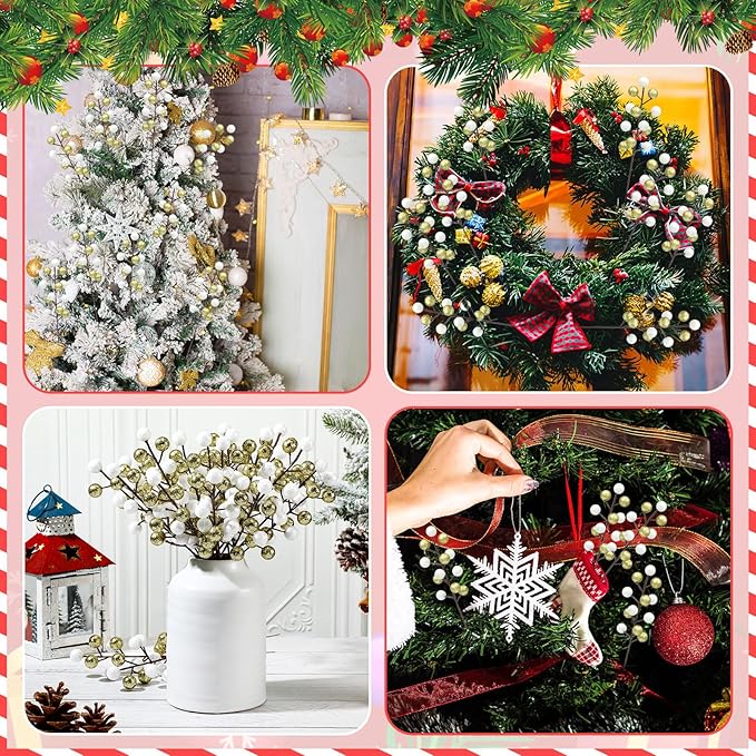 24 Pcs Christmas Glitter Berries Stems, 8.8" H Artificial Christmas Picks for Xmas Tree Ornaments, Holiday Wreath DIY Crafts, Xmas and Home Decor (Gold, White)