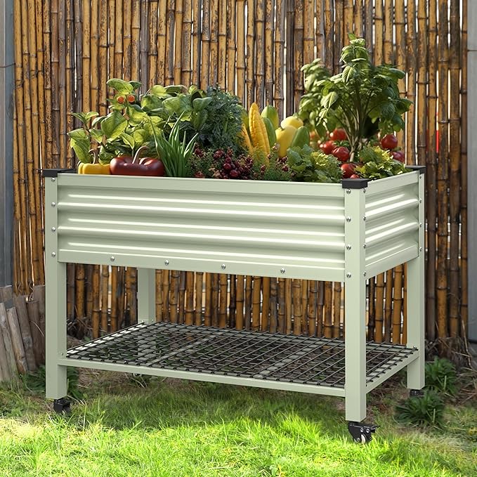 48" W x 24" D x 34" H Galvanized Raised Garden Bed with Lockable Wheels, Raised Garden Beds Outdoor with Drainage Gaps & Shelf, Planter Boxes Outdoor for Backyard, Patio, Balcony, Beige