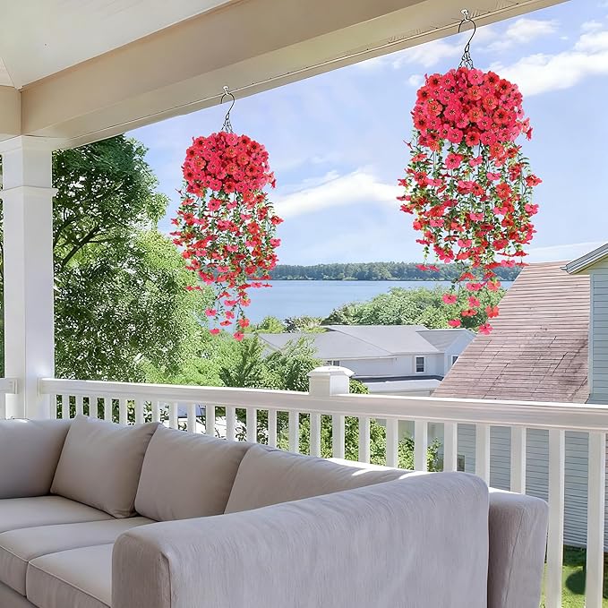 AmberFun Artificial Hanging Flowers for Outdoors,No Fade 2 Bundles Fake Silk Flowers for Outside, Realistic Faux Plants Decorations for Hanging Baskets, Planters-Porch, Patio, Yard Decor