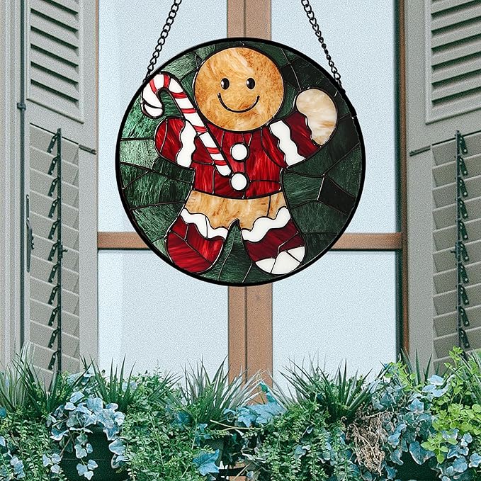 AMDERVEN Stained Glass Window Hanging 4 Pcs Set Red Christmas Stockings and Gingerbread 9.8" - Suncatcher Door Garden Sun Catcher Decor Birthday Mother's Day Xmas Gifts for Mom Woman Nana Men