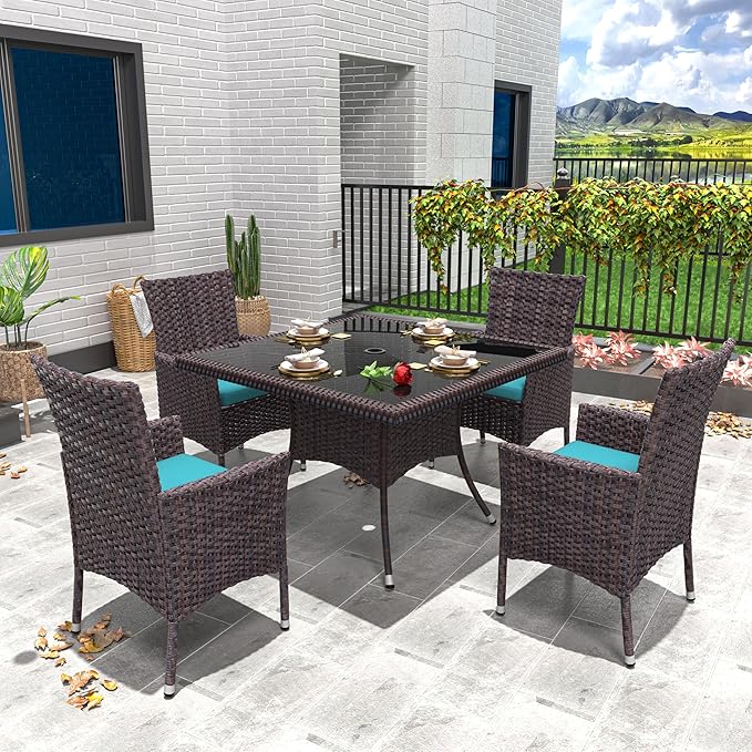 5 Piece Outdoor Dining Set,Rattan Patio Conversation Set of 4 Chairs,Patio Dining Table and Chairs w/Cushions,Square Glass Tabletop,Umbrella Cutout for Patio,Blue