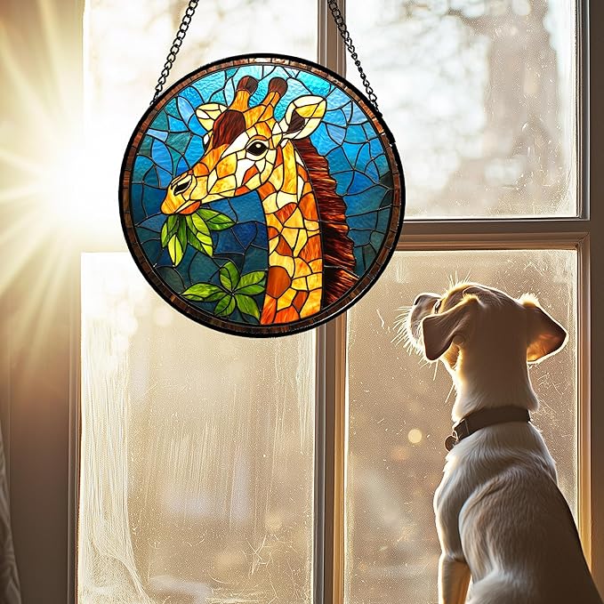 Stained Glass Window Hanging Orange Giraffe Blue Green Leaves 7.8" - Suncatcher Door Garden Sunroom Sun Catcher Home Decor Birthday Christmas for Mom Men Woman Nana