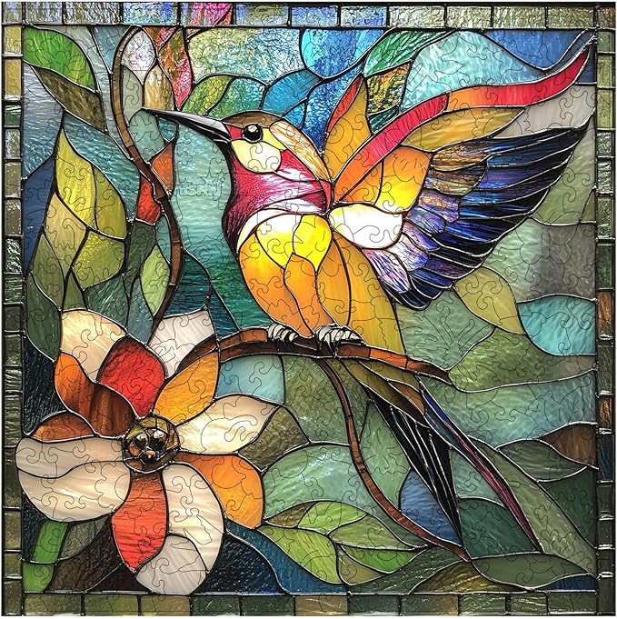 Qiuenisray Wooden Puzzles for Adults 500 Piece, Stained Glass Hummingbird Puzzle, FSC Certified Wall Decor Unique Animal Shape Puzzles, for Family Friend 15.9x15.9 in