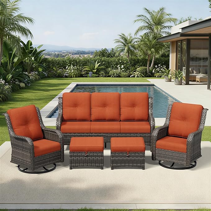 Joyside 5 Piece Wicker Patio Furniture Set, Outdoor Swivel Rocker Patio Chairs with High Back, Deep Seating, Wide Armrest, Thickened Cushions, Outdoor Furniture for Deck, Porch Use