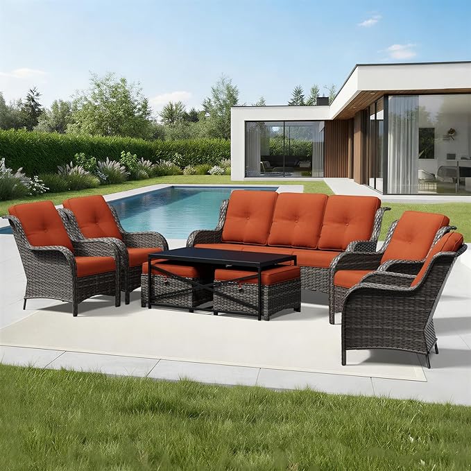 Joyside 8 Piece Wicker Patio Furniture Set, Rattan Patio Chairs with High Back, Deep Seating, Wide Armrest, Thickened Cushions, Outdoor Furniture for Deck, Porch Use