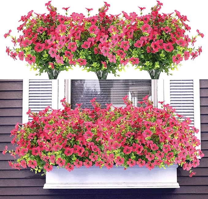 Artificial Flowers for Outdoors UV Resistant, 12 Bundles Fake Silk Flowers Outside Fade Resistant Faux Plants for Outdoor Planters, Window Box, Front Porch-Fuchsia
