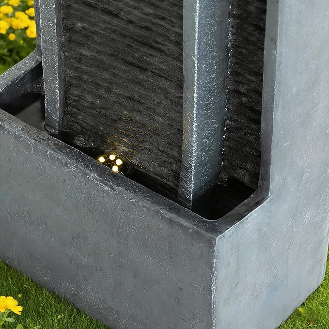 40" H Outdoor Water Fountain, Modern Floor Standing Cascading Waterfall with LED Lights, Resin Water Feature for Porch Patio Garden Home Office, Black