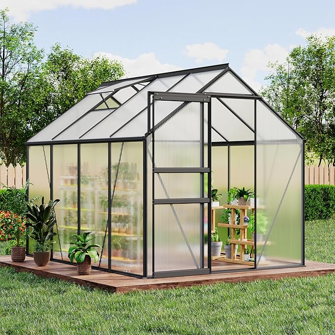 CABIHOME 6 x 8 FT Greenhouses for Outside, Polycarbonate Greenhouse with Aluminum Frame, Sliding Door, Adjustable Roof Vent, Backyard Green Houses, Patio Garden, Black