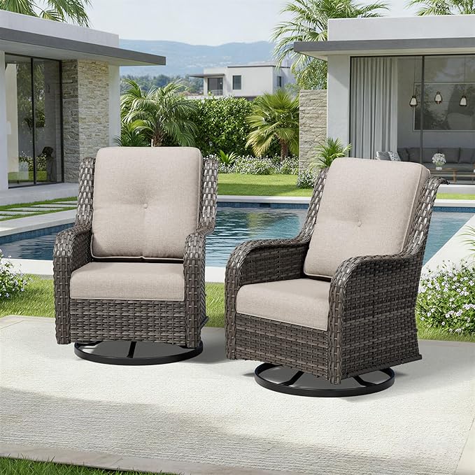 Joyside Swivel Patio Chairs Set of 2, Wicker Patio Furniture with High Back, Deep Seating, Wide Armrest, Thickened Cushions, Outdoor Rattan Furniture for Deck, Porch Use