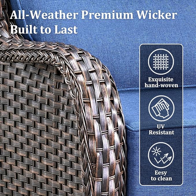 Luxury High Back Patio Furniture Set with 6-Inch Thick Cushions, 4-Pieces Outdoor Furniture with Swivel Chairs, Wicker Conversation Set for Porch, Balcony, Deck and Yard, Brown/Blue