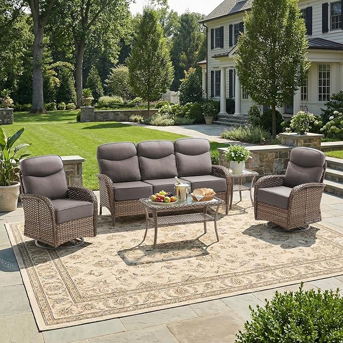 Luxury Patio Furniture Set with 6-inch Thick Cushions, Outdoor Furniture Set with High Back Swivel Chairs, 5 PCS Wicker Outdoor Conversation Set for Porch, Patio, Yard, Deck, Poolside, Brown/Grey
