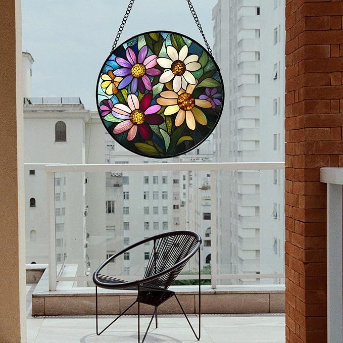Stained Glass Window Hanging - Colorful Daisies Suncatcher for Door Garden Patio Retro Flower Sun Catchers Decor Christmas Mother's Day Birthday Gifts for Women Mom Nana Aunt Friend 7.8 in