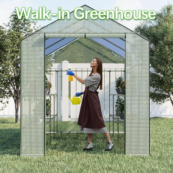9.75 ft Big Walk in Greenhouse with Screen Windows & Roll-Up Zipper Door, 67 x 117 x 83'' Plant Green Houses for Outdoors, 3 Tiers 18 Shelves Stands Plastic Portable Heavy Duty Indoors Warm (Green)