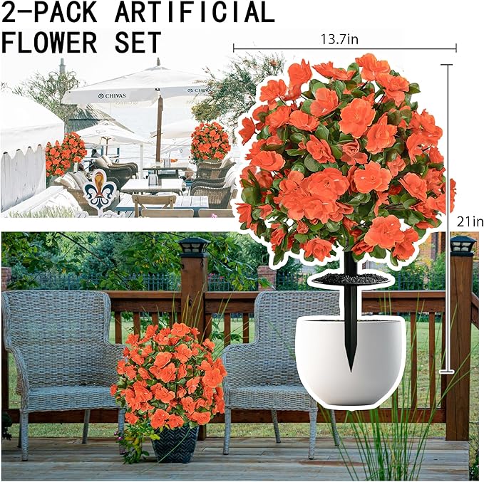 AZXVT Artificial mums for Outdoors, Faux Outdoor Plants Fake Plants Topiary Balls Artificial Outdoor Set of 2 with Ground Spike for Home Front Porch Patio Garden Decor (Orange)