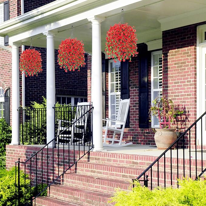 HyeFlora Artificial Hanging Flowers Basket for Outdoor, Fake Flowers Faux Plants Look Real for Yard Gardens Porch Patio Home (Red)