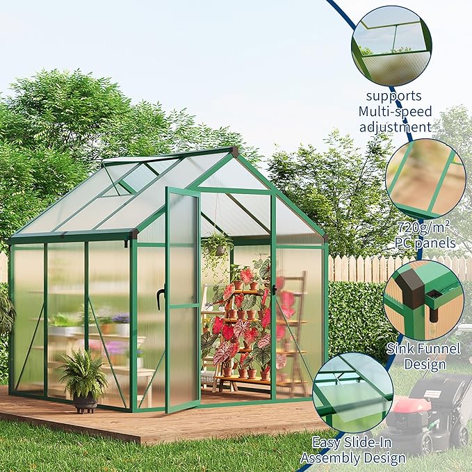 6X6 FT Outdoor Polycarbonate Greenhouse, Sturdy Aluminum Frame, Adjustable Roof Vent, Ideal for Backyard, Patio, or Garden, All-Weather Green House for Growing Plants and Vegetables