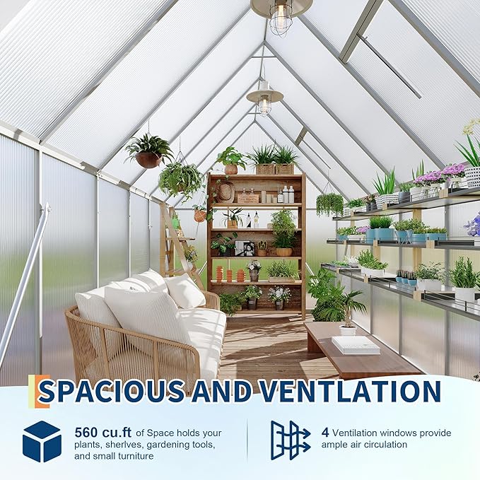 6X11 ft Polycarbonate Greenhouse with Aluminum Frame, Polycarbonate Greenhouse for Outdoors, Greenhouses with Ventilation, Aluminum Large Walk-in Greenhouses for Outside