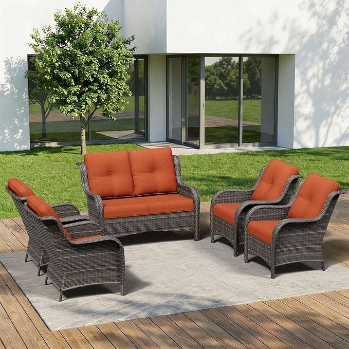 5 Piece Outdoor Wicker Patio Furniture Set, Patio Chairs Set with Thickened Olefin Cushions, High Back and Deep Seating, Hand-Woven PE Rattan for Porch, Deck