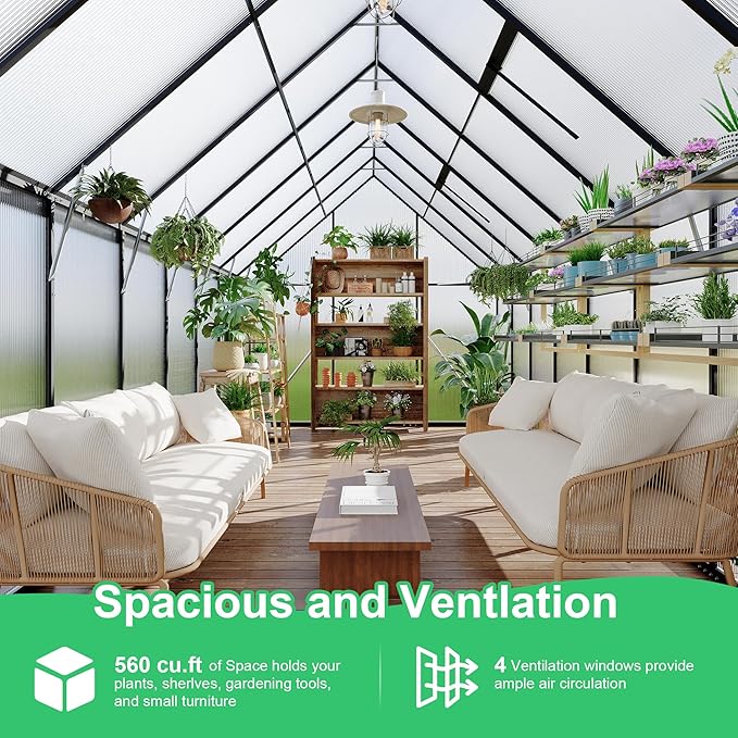 8 ft x16 ft Aluminum-Framed Polycarbonate Greenhouse, Heavy Duty Polycarbonate Greenhouse with Quick Setup Structure and Roof Vent, Large Enhanced Aluminum Green House Kit for Outdoors