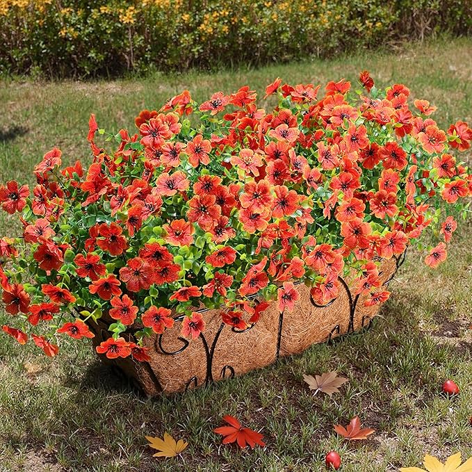 florisso Artificial Fake Fall Mums Flowers Plants for Outdoor Outside Decoration, 12 Bundles Faux Silk Orange Daisy UV Resistant Look Real for Autumn Front Door Porch Planter Patio Garden Home