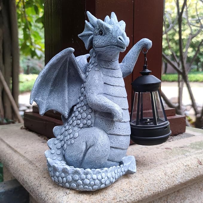 Qobumy Solar Dragon Garden Statue Decoration with Solar Lantern,Dragon Figurine Lights Outdoor Décor for Yard，Lawn ,Patio, Balcony, Unique Housewarming Ornament
