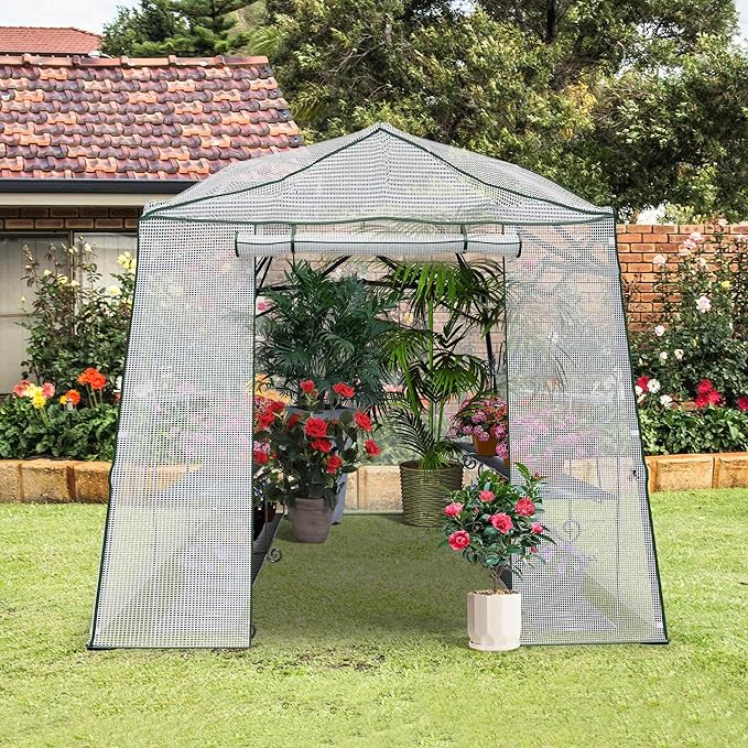 8.5 x 7 x 7 FT Walk-in Greenhouse, Portable Pop-up Greenhouse for Indoor Outdoor, Plant Garden Green House with Zippered Doors, Screen Windows, Heavy Duty Frame and Durable PE Cover