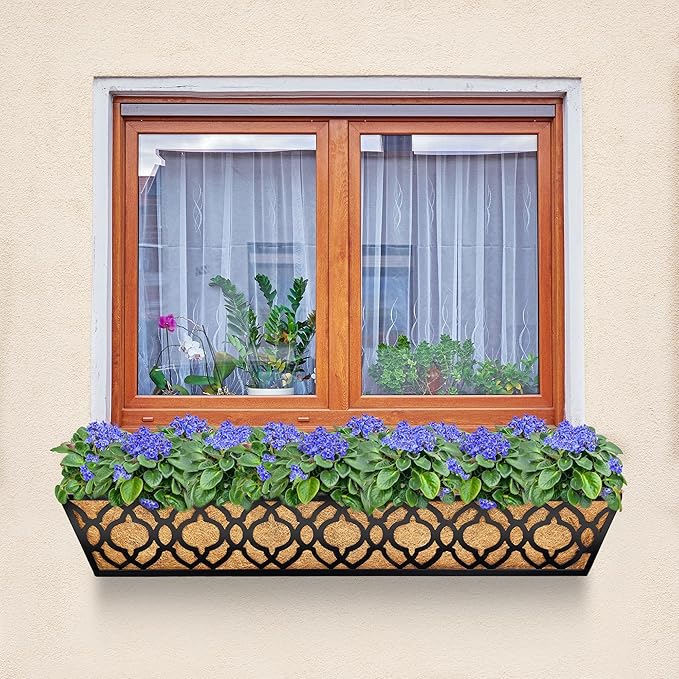Y&M 30 inch Window Planter Box 4Pcs Iron Window Deck Railing Planter with Coco Liner, Metal Horse Troughs Fence Planter for Outdoor Balcony Rail Fence Porch Patio
