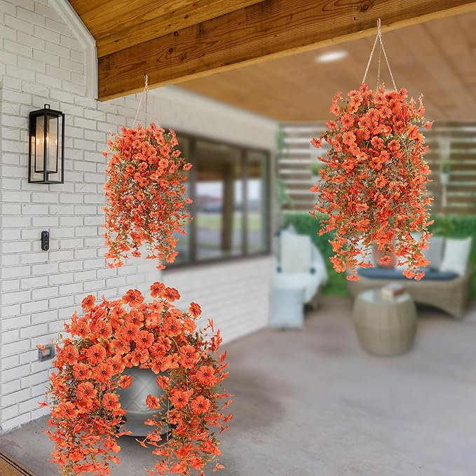 Artificial Fake Hanging Flowers Fall Plants for Outdoor Outside Autumn Decoration 2PCS Faux Silk UV Resistant Realistic with Eucalyptus for Home Thanksgiving Harvest Porch Patio Balcony(Fall Orange)