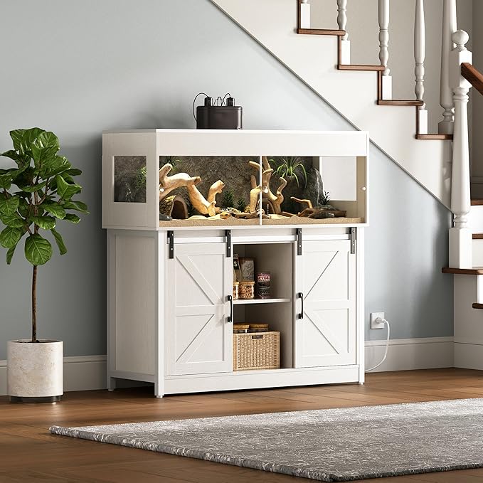 Herture 60 Gallon Reptile Terrarium with Stand, Terrarium Enclosure with Acrylic Doors, Storage Cabinet with Barn Door, Mesh Lid & Power Outlet – Vivarium Habitat for Medium Reptiles White PX05RTW