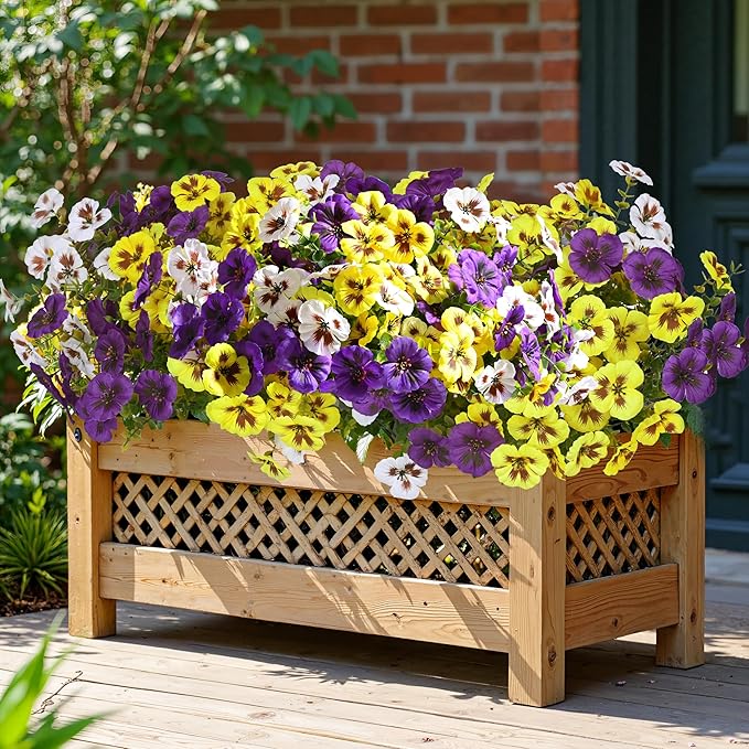 Waipfaru 20 Bundles Artificial Pansy Flowers for Outdoor, UV Resistant Faux Silk Flowers for Outdoor Planters Front Door Porch Yard Patio Window Box Home Decor (Purple, Yellow, White)