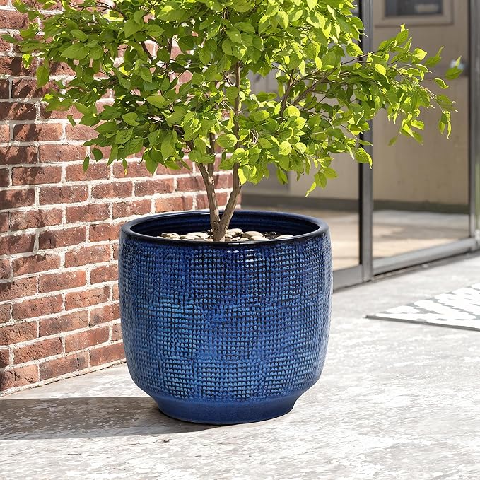 LuxenHome 15.5" Dia Round Ceramic Pots for Plants, Gradient Cobalt Blue Glazed Large Outdoor Planter Pot with Drainage Hole and Rubber Plug, Decorative Indoor Flower Pots for Home Garden Patio