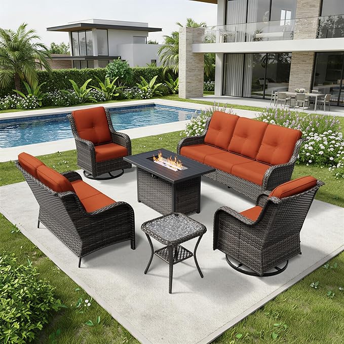 Joyside 6 Piece Wicker Patio Furniture Set with Fire Pit Table, Outdoor Swivel Rocker Patio Chairs with High Back, Deep Seating, Wide Armrest, Thickened Cushions, Outdoor Furniture for Deck, Porch Use