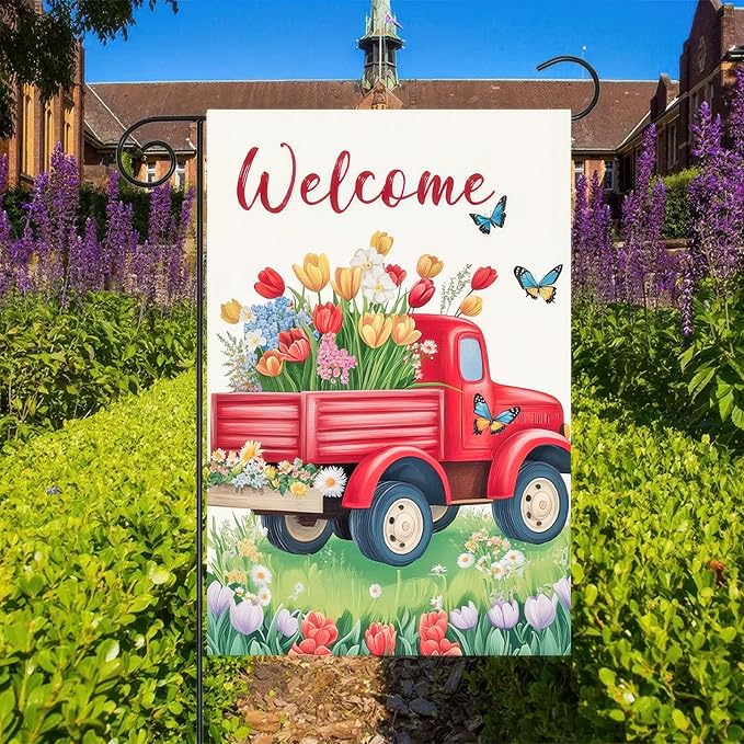 Outdoor Garden Flag Double Sided Garden Flag Welcome Red Truck Flag Spring Flowers and Butterflies Design 12x18 Inch Polyester Yard Decoration for Outdoor Lawn and Patio