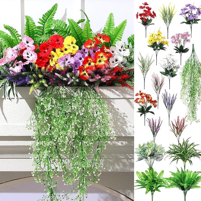 24 Pcs Outdoor Artificial Plants UV Resistant Faux Plant Fake Greenery Stems Faux Shrubs Flower for Outside Hanging Front Porch Patio Garden Window Box Home Wedding Summer Spring Decor(Mix Color)