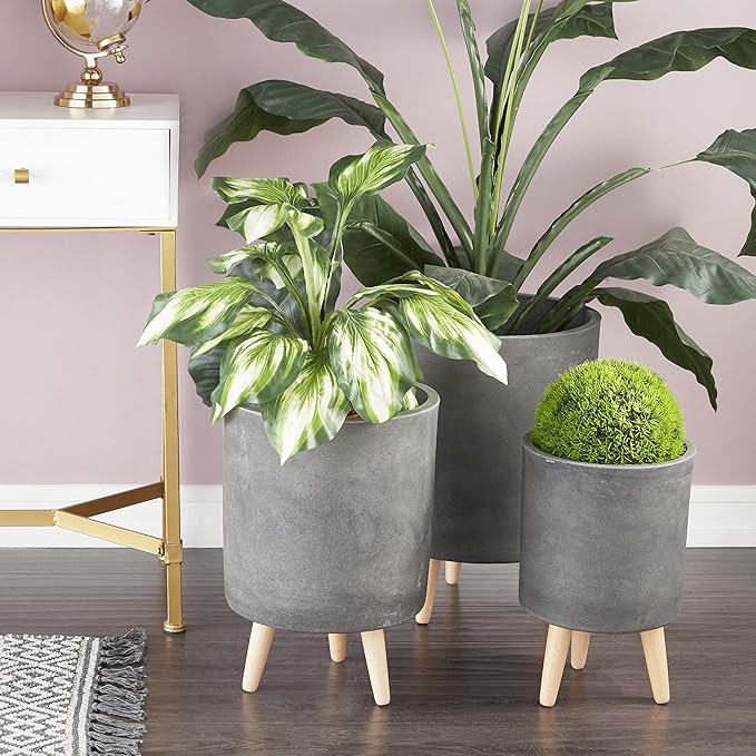 Deco 79 Fiberclay Round Planter with Wood Legs, Set of 3 12", 15", 17"H, Black