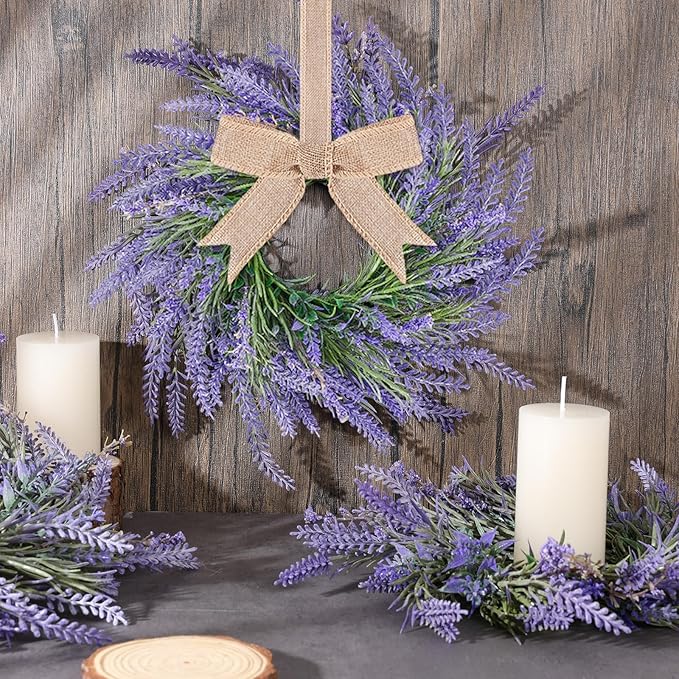 8 Pcs Pillar Candle Ring Wreaths Mini Purple Lavender Wreath Table Centerpieces 9 Inch Wreath for Cabinets Artificial Farmhouse Lavender Wreaths for Front Door Porch Wall Window
