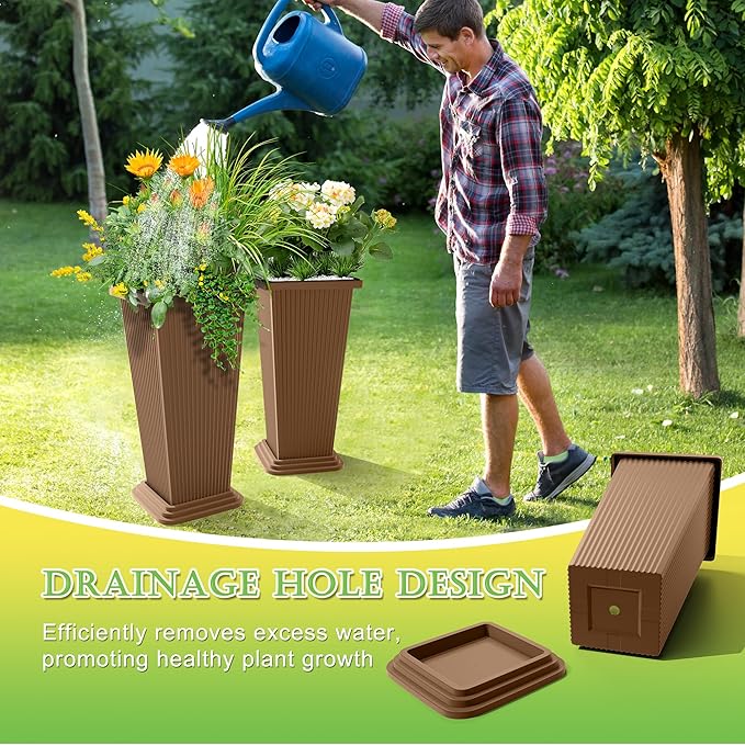 TUYOHW Set of 4 24" Tall Plastic Planters with Trays, Large Tapered Plant Pots for Indoor Outdoor Use, Modern Decorative Planters for Porch, Patio, Garden, and Backyard