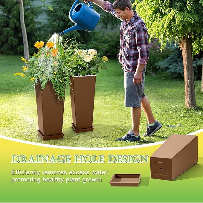 TUYOHW Set of 4 24" Tall Plastic Planters with Trays, Large Tapered Plant Pots for Indoor Outdoor Use, Modern Decorative Planters for Porch, Patio, Garden, and Backyard