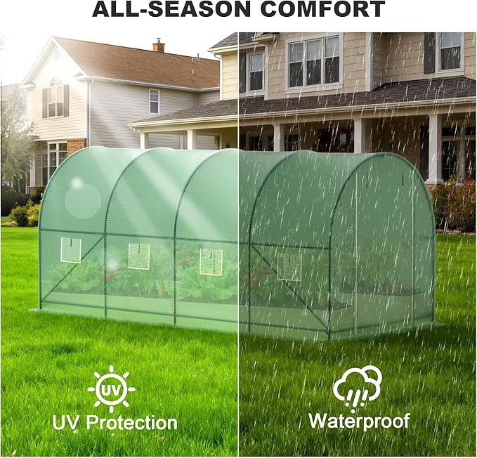 Greenhouses for Outdoors, Walk-in Green Houses for Outside Heavy Duty, Large Greenhouse with 8 Ventilated Screen Windows & 2 Roll-up Doors & Reinforced Frame (15×7×7 FT with Irrigation System)
