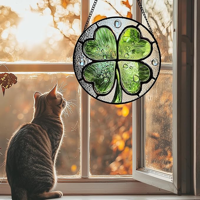 AMDERVEN Stained Glass Window Hanging - St. Patrick's Day Green Irish Themed Gifts Sun Catcher Door Home Clover Decor Suncatcher Christmas Mother's Day Birthday Gifts for Women Men Mom Nana 6.3 in
