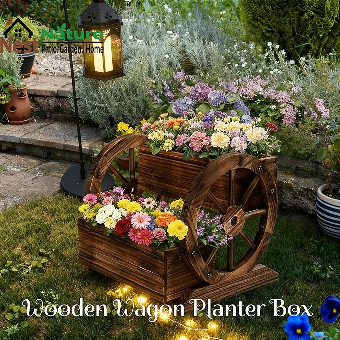 NestNature Wooden Wagon Planter Box,Raised Garden Bed,Decorative Garden Planters with Wheels-Outside Flower Pots for Indoor/Outdoor Décor Plants