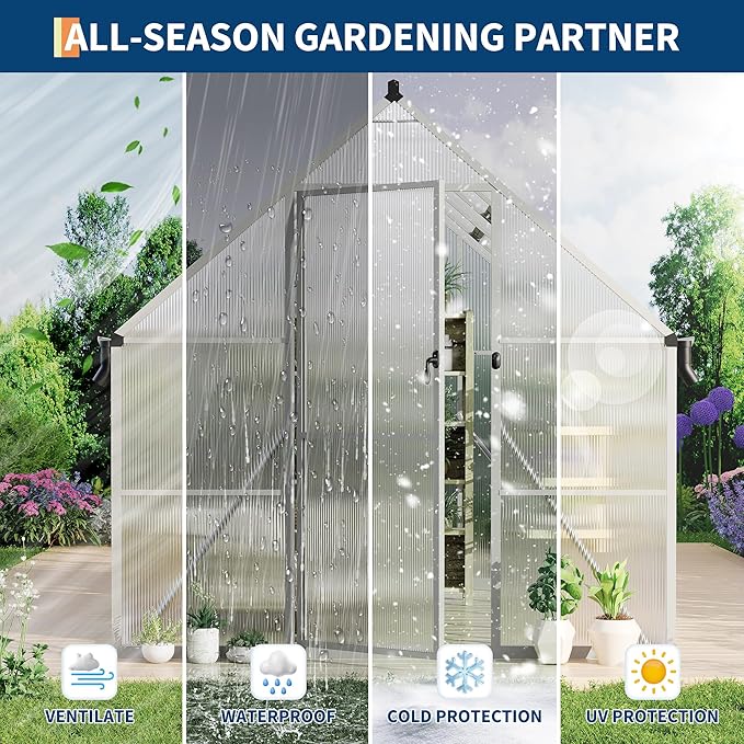 8X10 ft Polycarbonate Greenhouse with Aluminum Frame, Polycarbonate Greenhouse for Outdoors, Greenhouses with Ventilation and Rain Gutter, Aluminum Large Walk-in Greenhouses for Outside