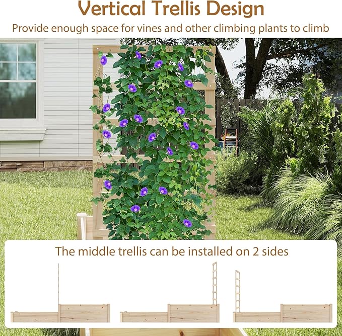 Giantex Wooden Raised Garden Bed with Trellis & 2 Planter Boxes, Raised Bed for Vegetables Flowers Vine Fruits Herbs Gardening Planting, Outdoor Garden Box for Patio Backyard Lawn