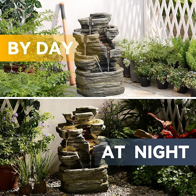 24.2" H Rock Cascading Water Fountain Outdoor&Indoor, 6-Tier Garden Naturefalls Fountains, Floor-Standing Waterfall with Lights for Patio, Backyard, Deck, Porch, Home DéCor, Stone Gray
