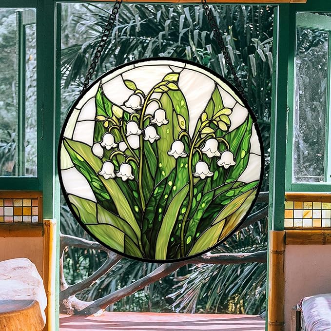 DASTOLL Stained Glass Window Hanging, Lily of The Valley Flower Sun Catchers Colorful Glass Panel Green Plants Suncatcher Decor for Birthday for Women,Men,Wife, Lovers, and Mom 14.9 in