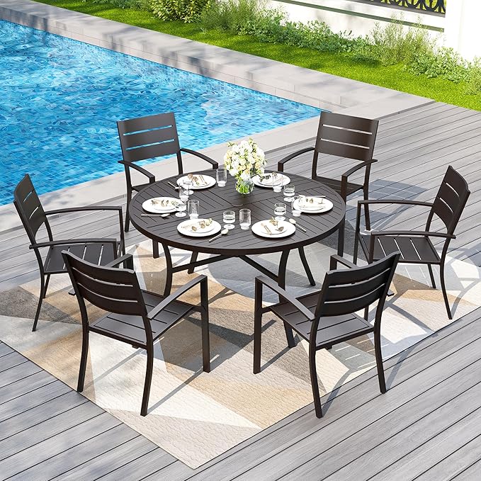 PHI VILLA 7 Pieces Outdoor Patio Dining Set for 6, 54”Round Black Metal Steel Table with Umbrella Hole & Stacking Wrought Iron Chairs, Modern Outside Furniture for Deck, Yard, Porch