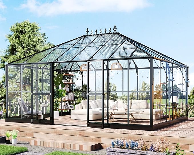 HOWE 16x12x9.5 FT Pavilion Styled Greenhouse with Clear Panels Double Swing Doors, 4 Vents Hybrid Polycarbonate Greenhouse, Green Houses for Outdoors, Sunroom Black