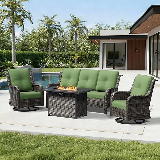Joyside 4 Piece Wicker Patio Furniture Set with Fire Pit Table, Outdoor Swivel Rocker Patio Chairs with High Back, Deep Seating, Wide Armrest, Thickened Cushions, Outdoor Furniture for Deck, Porch Use